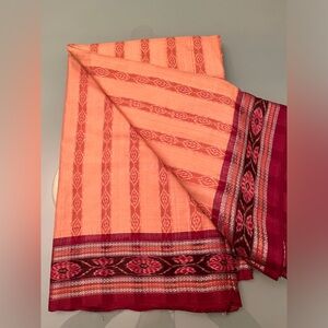 Fabindia style Ikat handwoven 100% cotton stunning saree salmon 🍣 & burgundy NEW